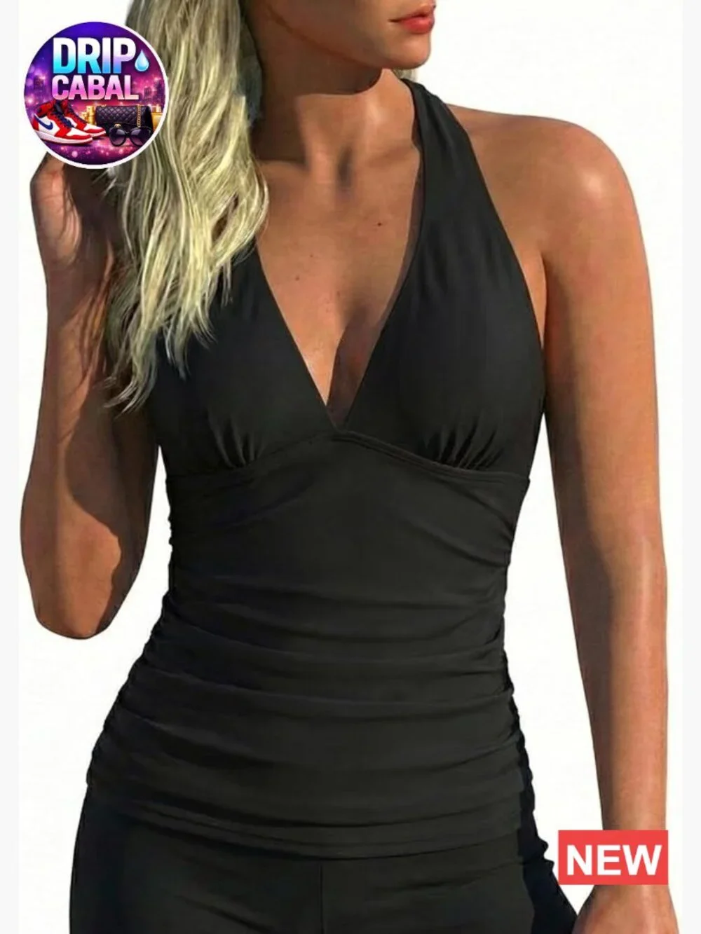 Tankini Bathing Suit Plunging V Neck Halter Swim Top Shirred Tummy Control Top